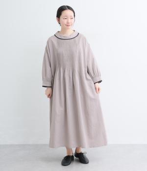 コットンリネン平織配色ターンカラーワンピース