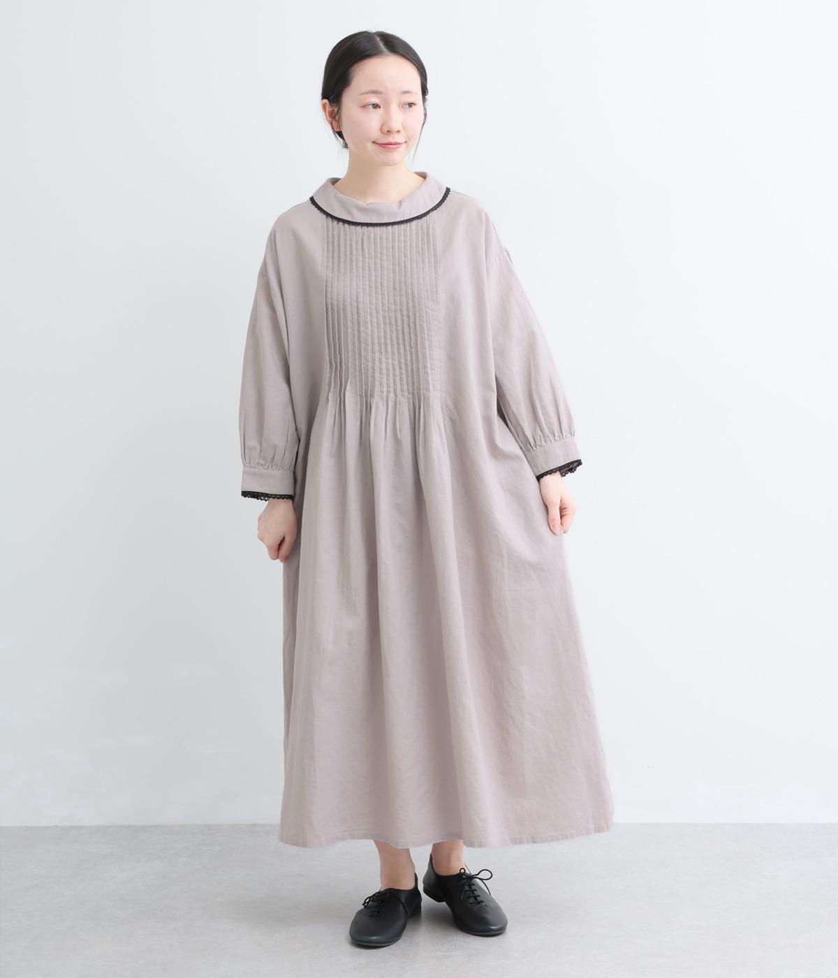 コットンリネン平織配色ターンカラーワンピース(グレージュ-F)