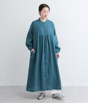 リネンヨーク切替ワンピース(ブルーグリーン-F)