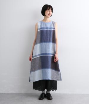 リネン先染めチェックノースリーブワンピース