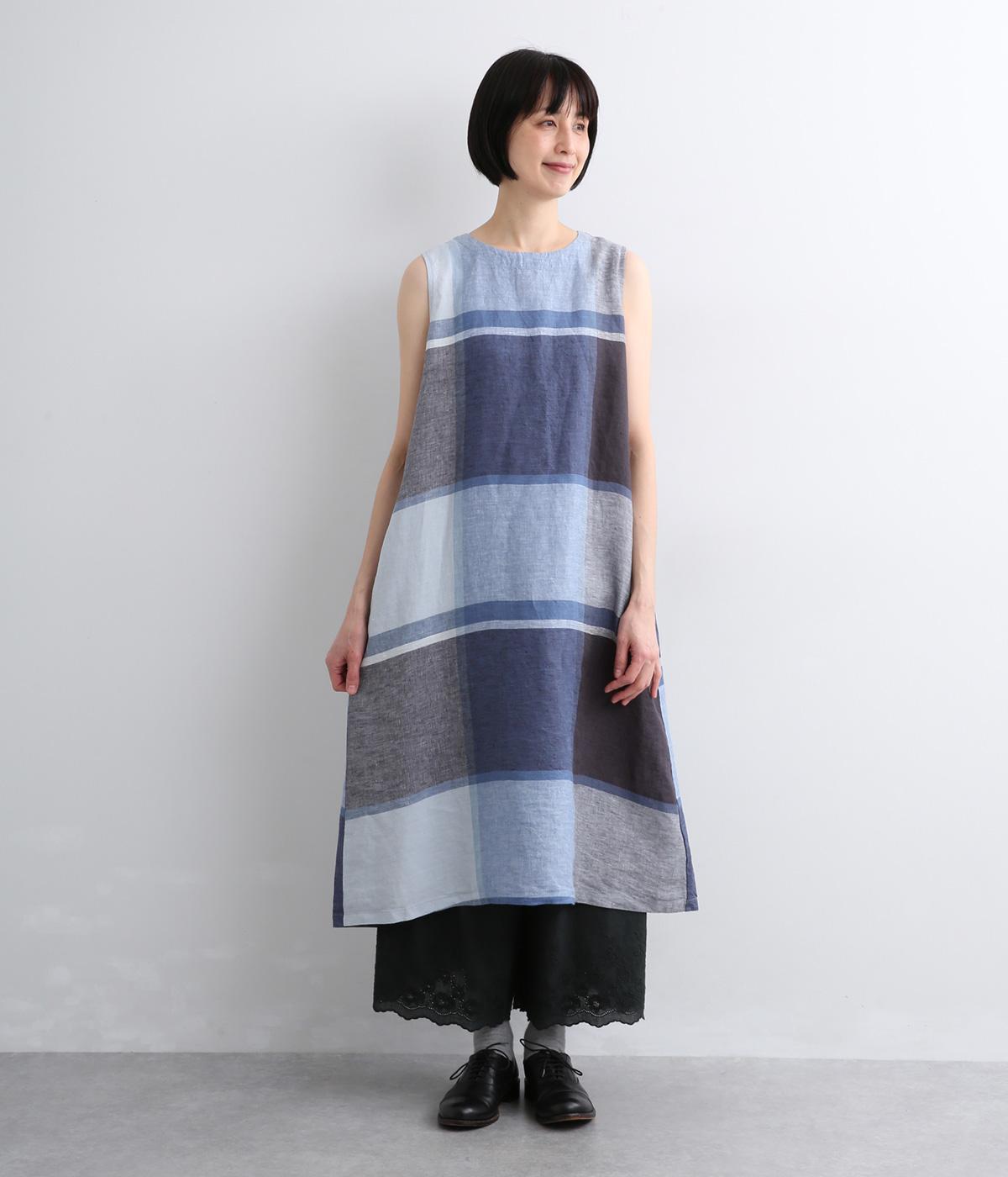 リネン先染めチェックノースリーブワンピース(ブルー-F)