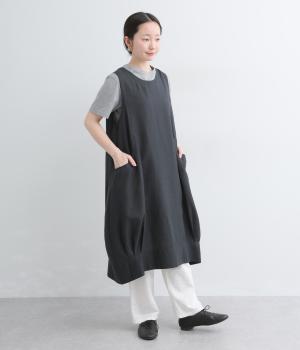 リネン平織りコクーンジャンパースカート(ブラック-F)