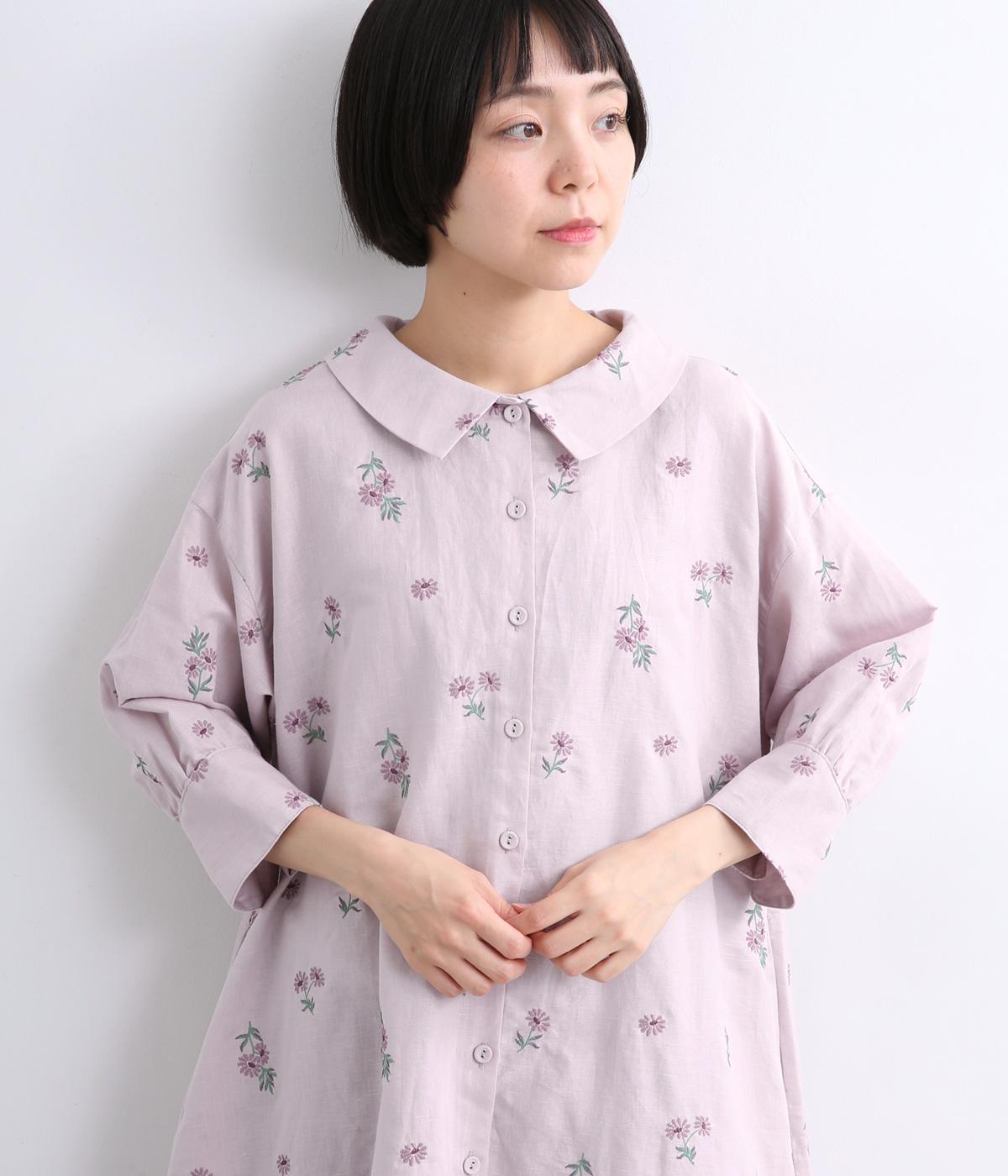 コットンリネンマーガレット刺繍　前開きワンピース