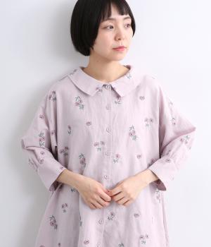 コットンリネンマーガレット刺繍　前開きワンピース