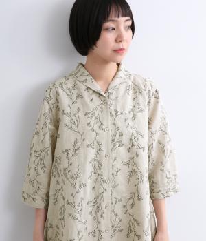 コットンリネン草木刺繍　前開きワンピース(ブラック-F)