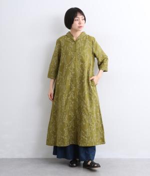コットンリネン草木刺繍　前開きワンピース(オリーブ-F)