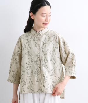 コットンリネン草木刺繍　チュニックブラウス(ブラック-F)