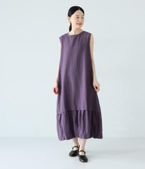 コットンリネン裾バルーンノースリーブワンピース(パープル-F)