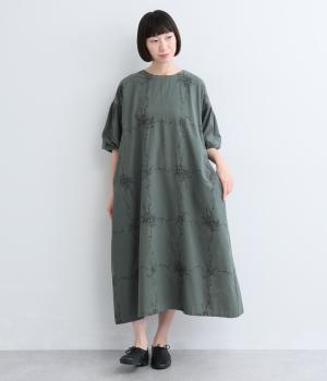 レース刺繍袖バルーンワンピース(グレイッシュグリーン-F)