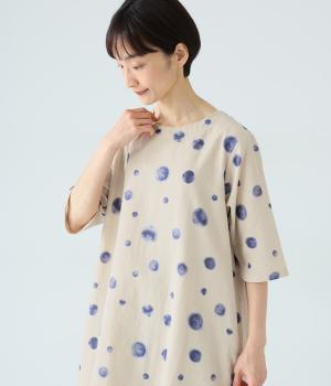コットンリネンプリントクルーネックワンピース(ナチュラル-F)