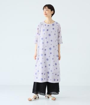コットンリネンプリントクルーネックワンピース(ライトグレー-F)