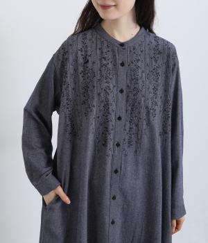 綾シャンブレー草木刺繍ワンピース（ネイビー・F）
