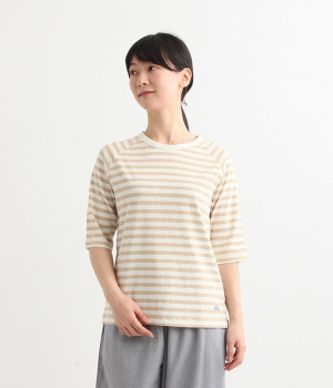 リサイクルコットンボーダーラグランT(5分袖)(杢ベージュボーダー-L)