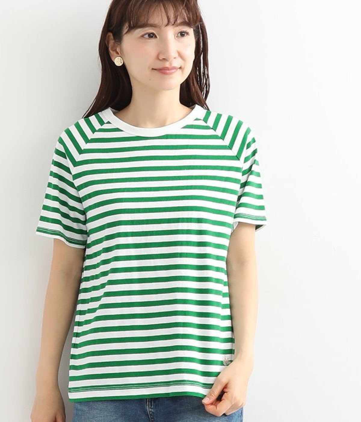 リサイクルコットンボーダーラグランT(半袖)(オフホワイト×ボトルグリーン-M)