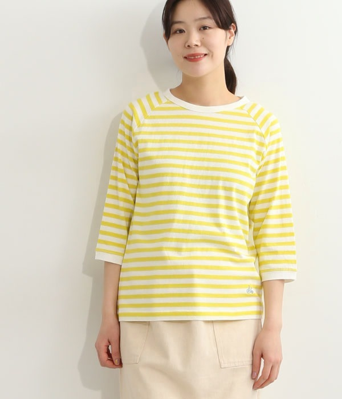 リサイクルコットン天竺ボーダーラグランTEE(7分袖)(オフホワイト×レモン-M)