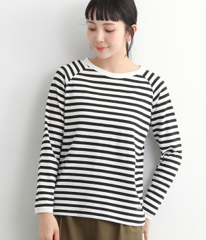 リサイクルコットン天竺ボーダーラグランロンT(ホワイト×ブラック-L)