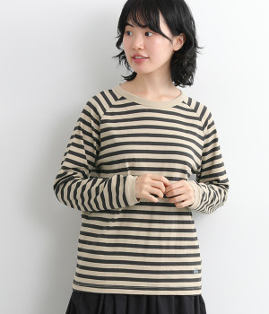 リサイクルコットン天竺ボーダーラグランロンT(サンドベージュ×スミクロ-L)