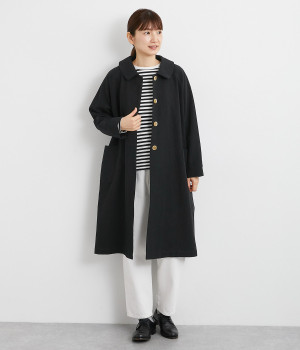 コットンリネン混合 比翼前立てラウンドカラーコート(ブラック-ONESIZE)
