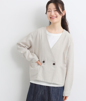 コットンリネンヘリンボーン ノーカラーW釦ジャケット(ナチュラル-ONESIZE)