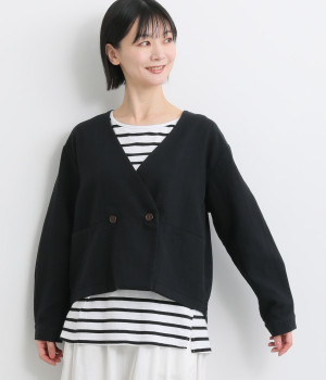 コットンリネンヘリンボーン ノーカラーW釦ジャケット(ブラック-ONESIZE)