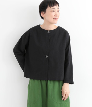 コットンリネンキャンバスショートシャツジャケット7分袖(ブラック-ONESIZE)