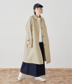 コットンポリエステルギャバツイルアンブレラヨークステンカラーロングコート(ベージュ-F)