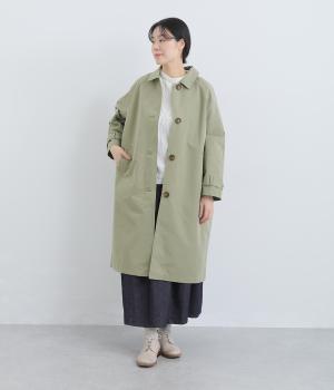 コットンポリエステルギャバツイルアンブレラヨークステンカラーロングコート(オリーブ-F)