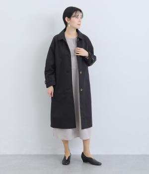 コットンポリエステルギャバツイルアンブレラヨークステンカラーロングコート(ブラック-F)