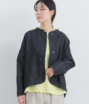 レギュラーオンスコットンリネンデニムラウンドヘムジャケット(ダークインディゴ-F)