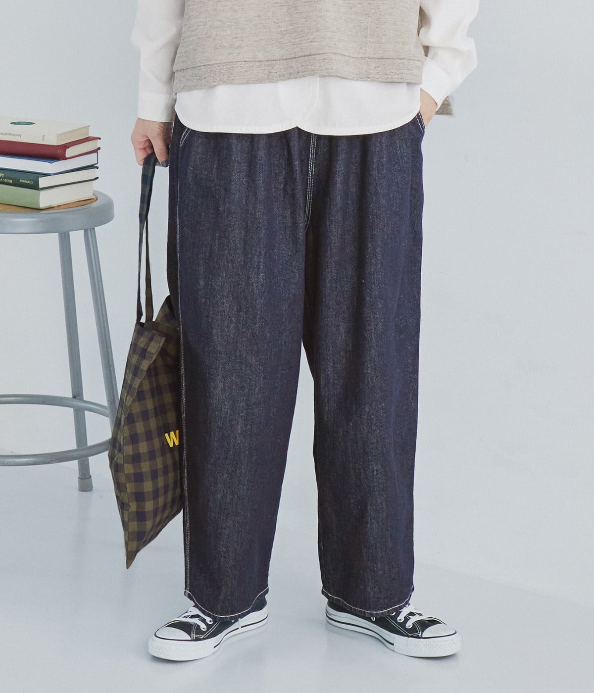 コットンリネンデニム バックポケットマオパンツ(ダークインディゴ-ONESIZE)