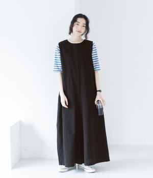 リネンコットン ワイドサロペットパンツ(ブラック-ONESIZE)