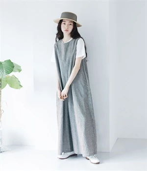 リネンコットン ワイドサロペットパンツ(ギンガム-ONESIZE)