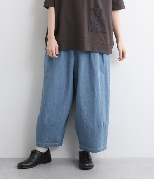 6オンスコットンリネンデニム裾ダーツボールパンツ(ライトインディゴ-ONESIZE)