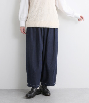 6オンスコットンリネンデニム裾ダーツボールパンツ(ダークインディゴ-ONESIZE)