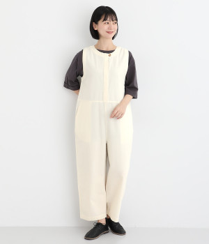 コットンリネンウェザークロス比翼前立てオールインワン(アイボリー-ONESIZE)