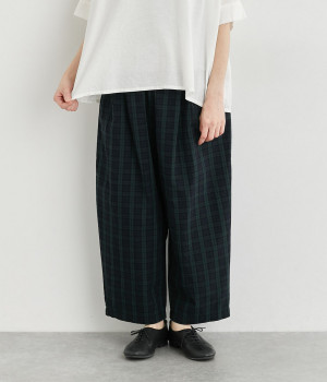 コットンリネン高密度ゆるやかコクーンパンツ(ブラックウォッチ-ONESIZE)