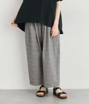 コットンリネン高密度ゆるやかコクーンパンツ(グレンチェック-ONESIZE)