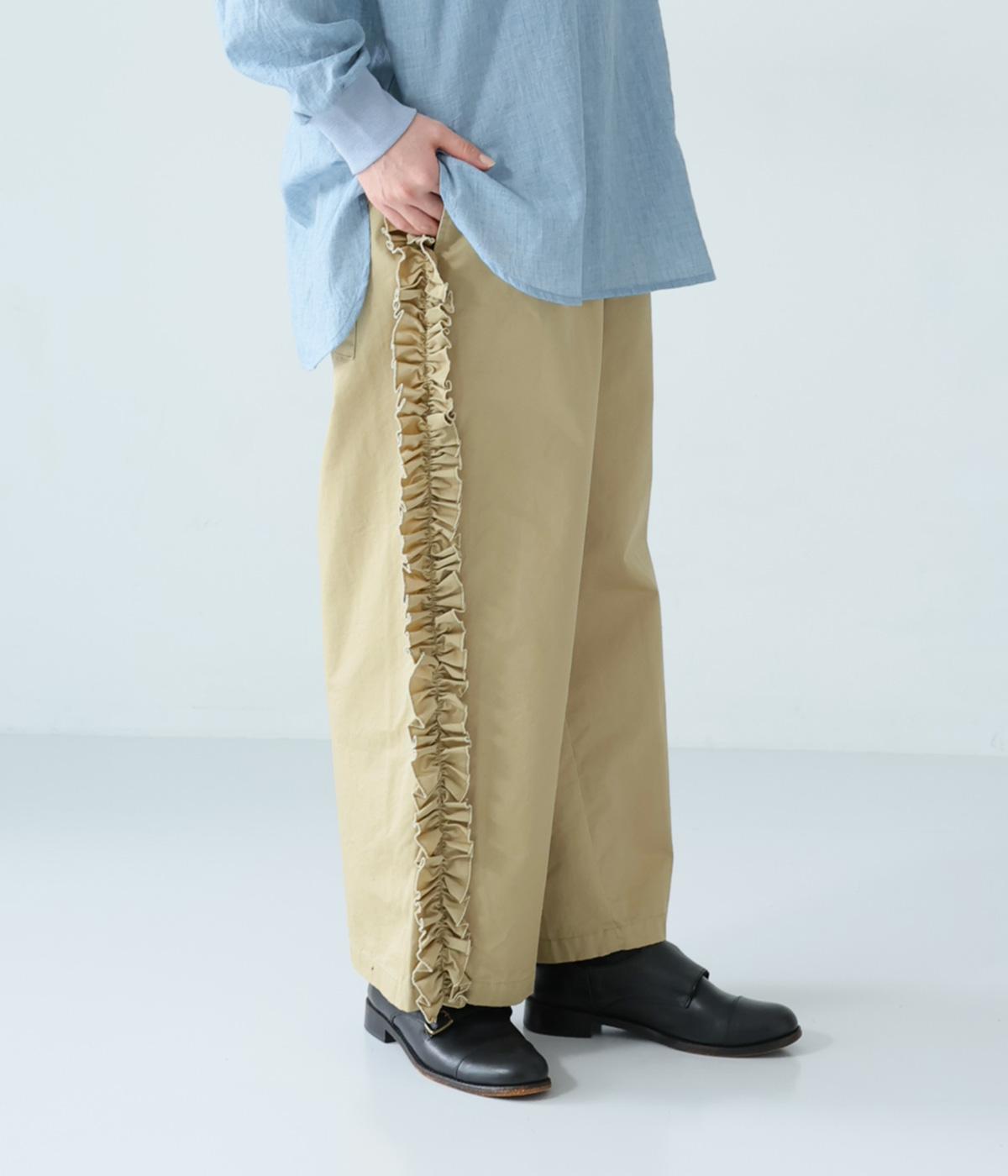 コットンツイルサイドフリル切替ワイドパンツ(ベージュ-F)