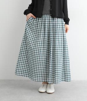 スラブ入りコットンボイルギャザースカート(オフホワイト×グリーン-ONESIZE)