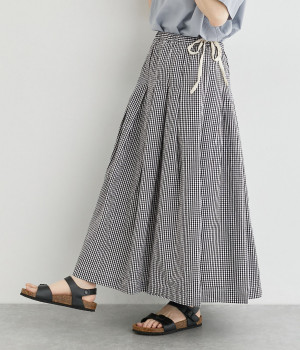 コットンリネン高密度ダーツタックサイドリボンスカート(ギンガムチェック-ONESIZE)