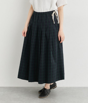 コットンリネン高密度ダーツタックサイドリボンスカート(ブラックウォッチ-ONESIZE)