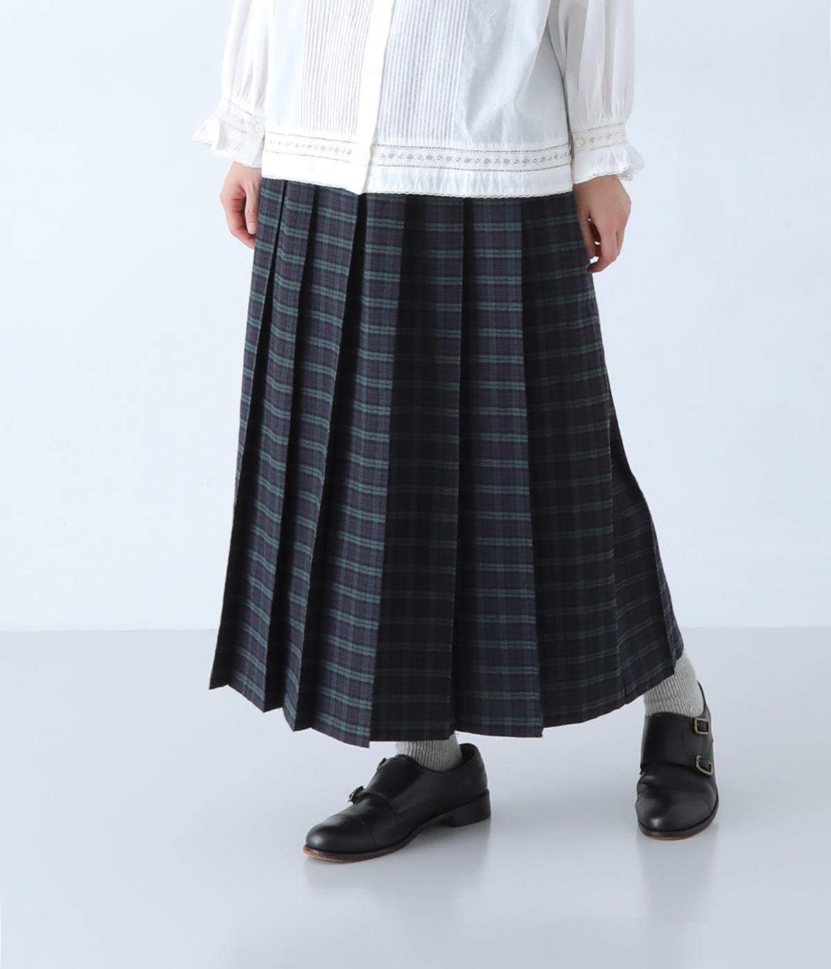 コットンリネンヘリンボーンピンタックプリーツスカート(ブラックウォッチ-F)