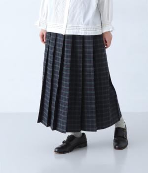 コットンリネンヘリンボーンピンタックプリーツスカート(ブラックウォッチ-F)