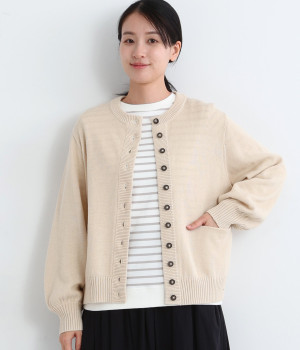 コットンリネンニット 多釦カーディガン(ライトベージュ-ONESIZE)