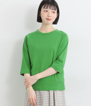 リサイクルコットン天竺 ラグラン７分袖Tシャツ(ブライトグリーン-L)
