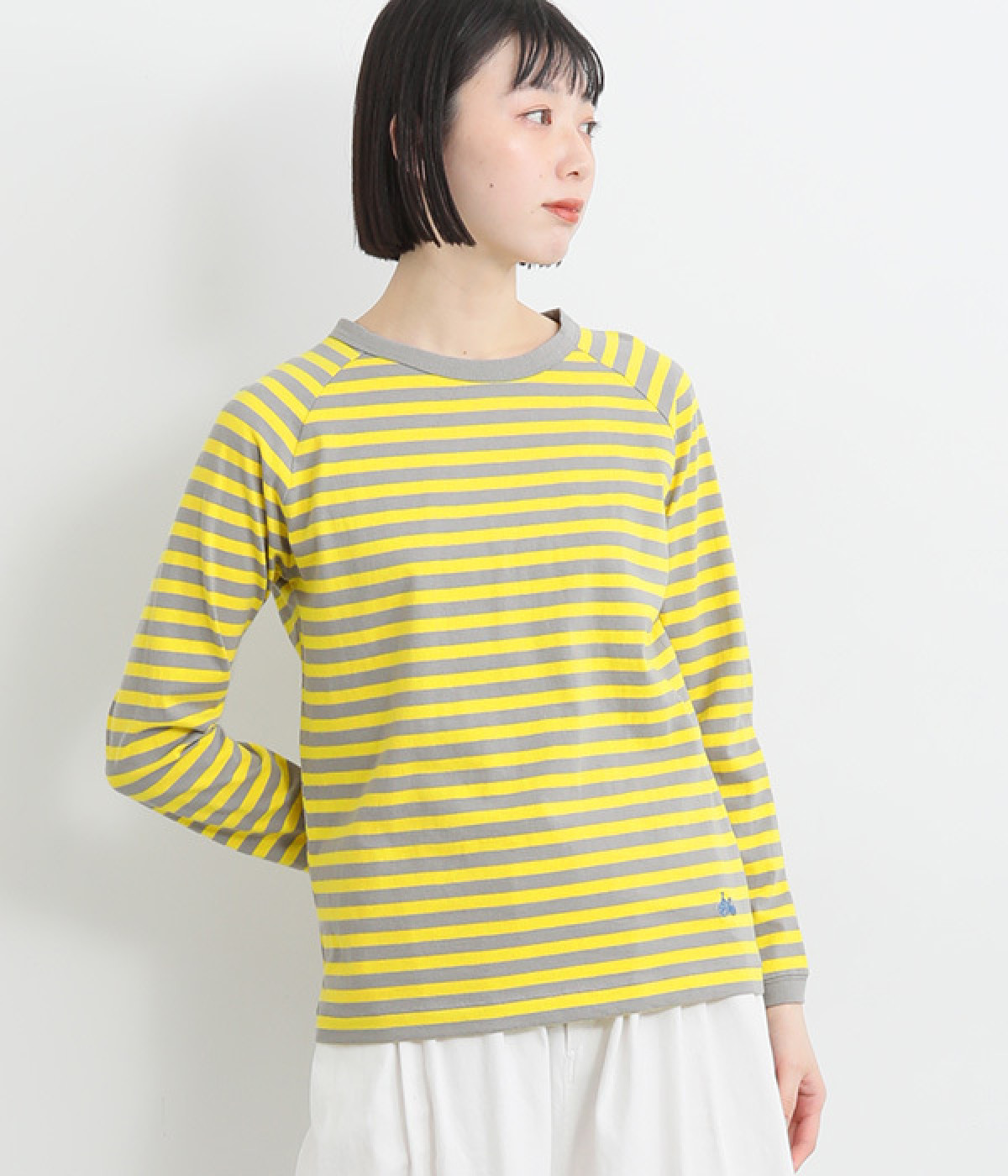 リサイクルコットン天竺 ボーダーラグラン長袖Tシャツ(グレー×イエロー-M)