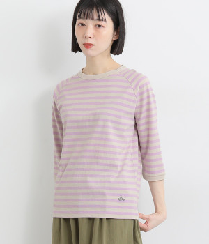 リサイクルコットン天竺 ボーダーラグラン７分袖Tシャツ(ペールベージュ×ラベンダー-L)