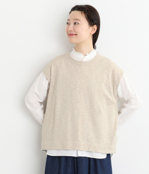 リネンコットンスラブニットスリーブレスプルオーバー(サンドベージュ-ONESIZE)