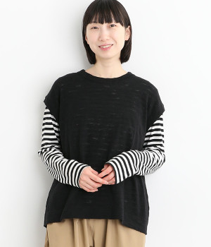 リネンコットンスラブニットスリーブレスプルオーバー(ブラック-ONESIZE)