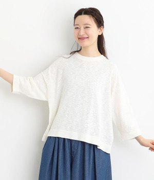 リネンコットンスラブニットドロップショルダー7分袖(オフホワイト-ONESIZE)